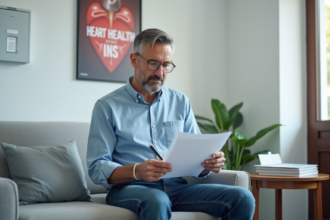 Homme d'âge moyen remplissant un questionnaire santé dans un cabinet médical