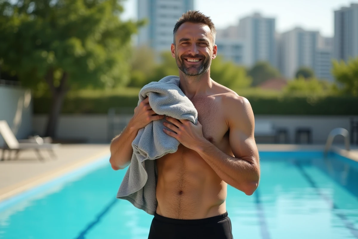 Homme sechant au bord de la piscine en maillot noir