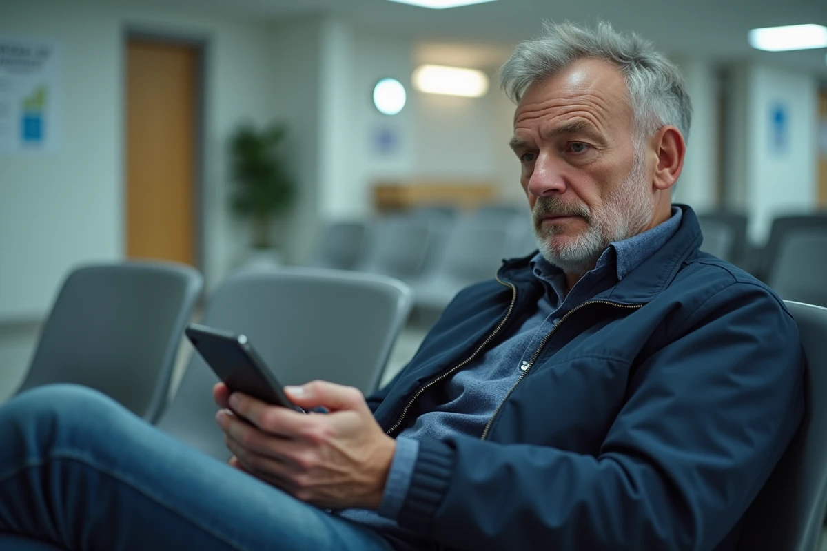 Homme lisant des informations médicales sur smartphone dans une salle d'attente avant une consultation