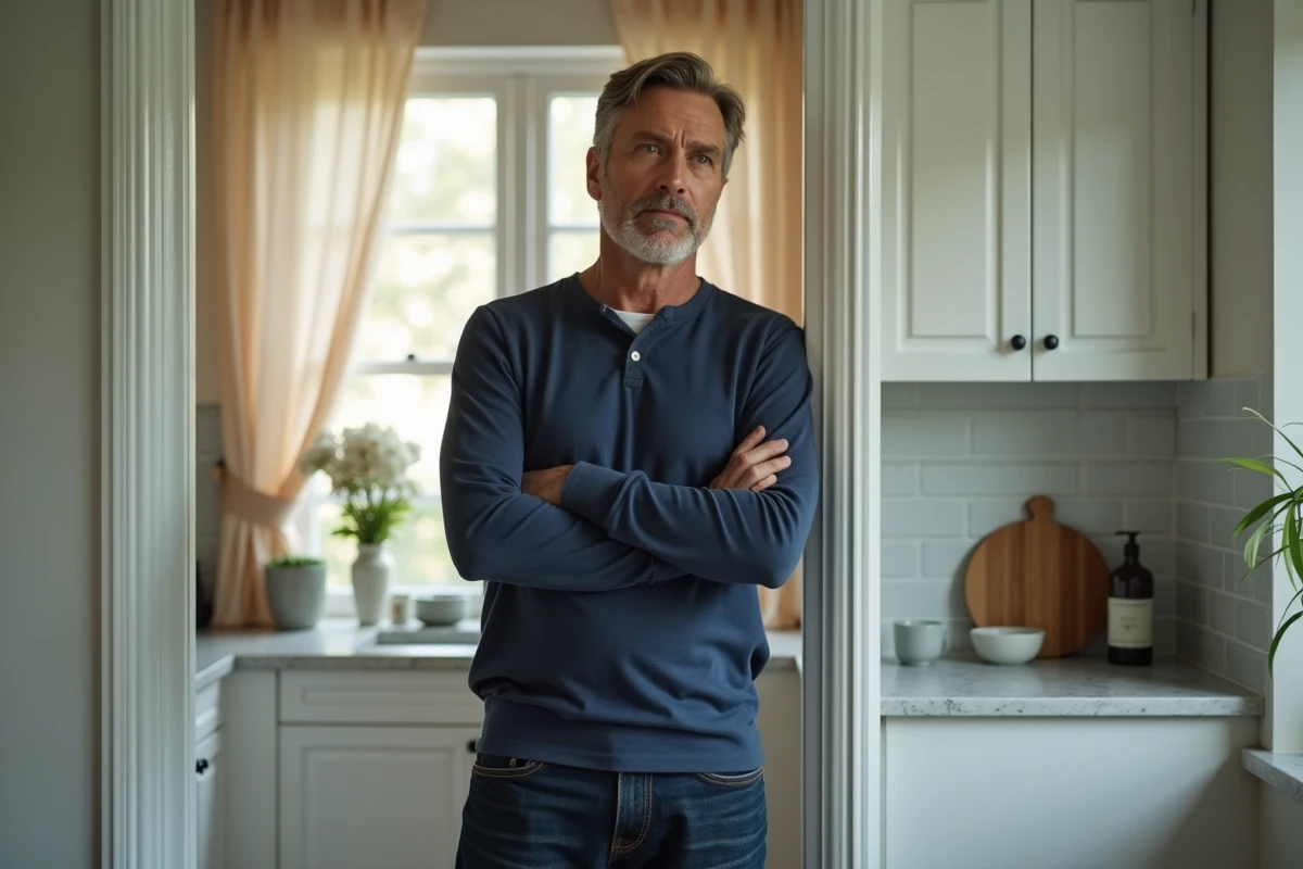 Homme tendu dans une cuisine, illustrant l'impact émotionnel des relations épuisantes et des dynamiques toxiques