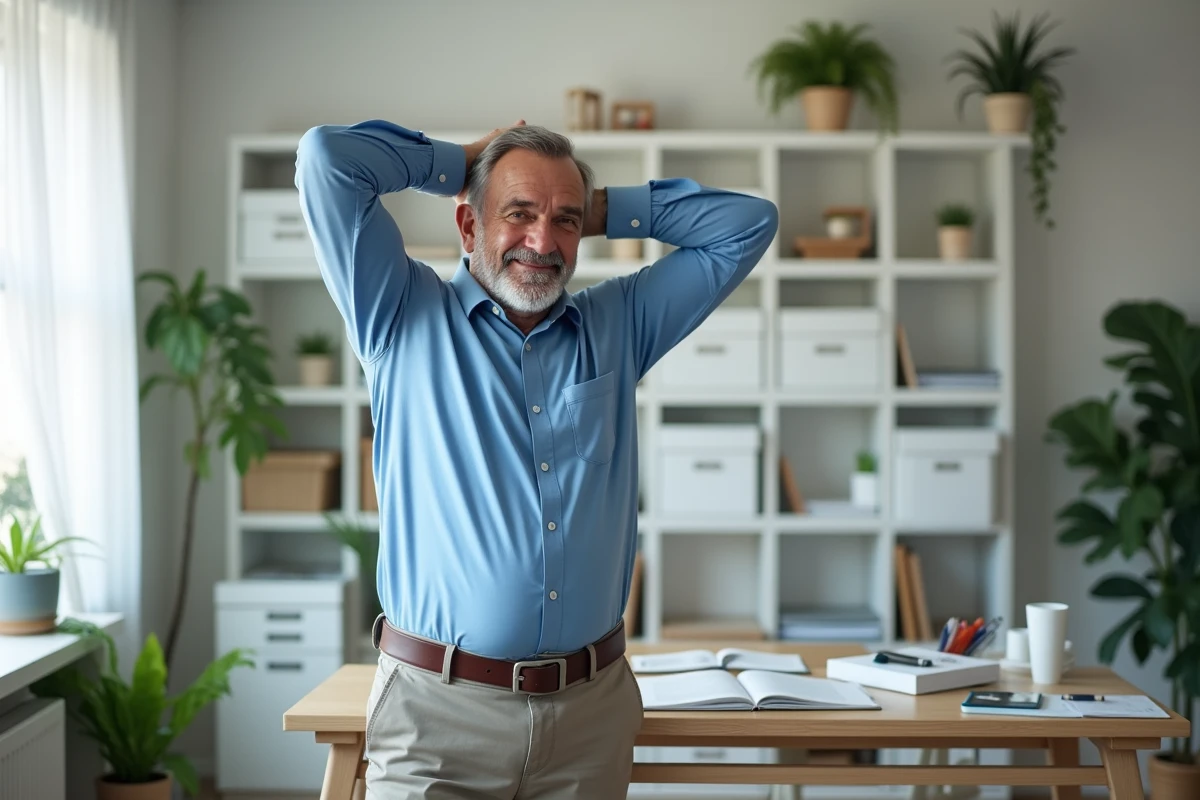 Homme étirant au bureau à domicile