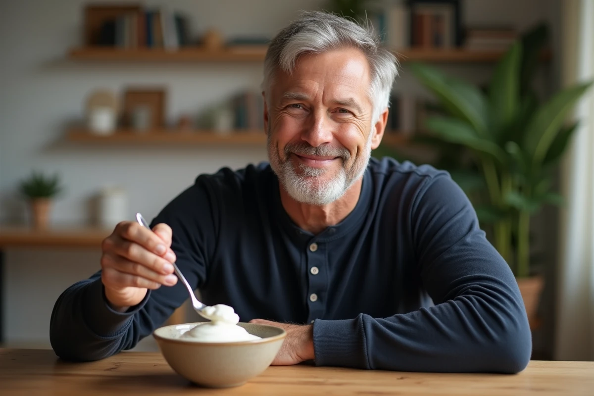 Homme de 50 ans mangeant un yaourt grec pour prendre soin de son microbiote intestinal et améliorer sa santé digestive