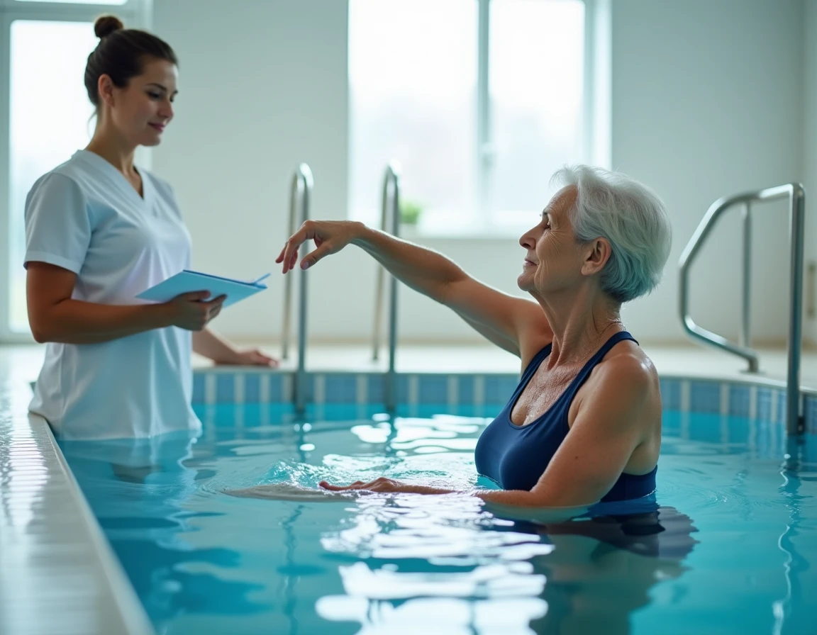 Patiente âgée réalisant des exercices d'hydrothérapie sous supervision médicale dans un établissement thermal spécialisé en neurologie en France