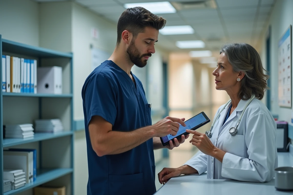 Infirmier et collègue consultant un logiciel de suivi de dossiers patients sur tablette au poste de soins