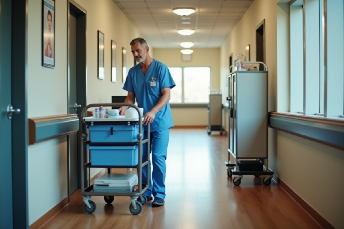 Infirmier préparant matériel dans couloir lumineux