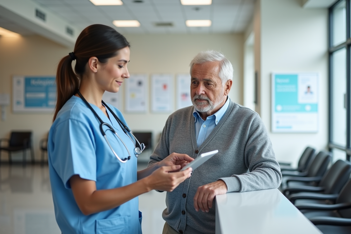 Infirmière guidant un homme âgé avec tablette dans une clinique