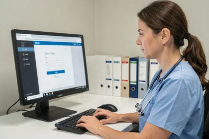 Infirmière accédant à un dossier médical sécurisé sur un ordinateur hospitalier via une interface de connexion C.netsoins