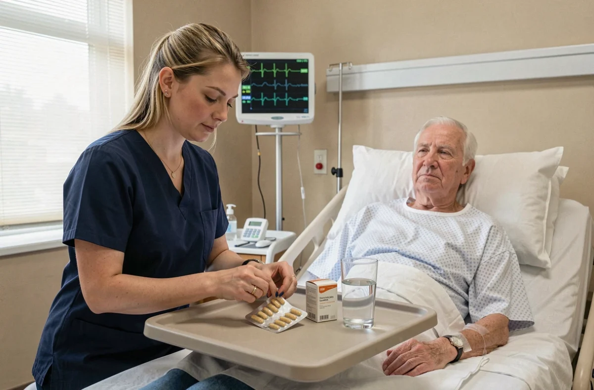 Infirmière préparant des diurétiques pour un patient âgé sous surveillance cardiaque en milieu hospitalier