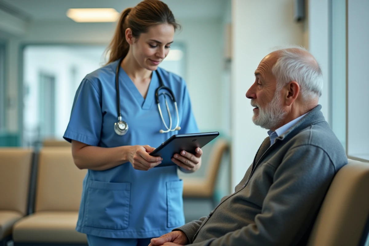 Infirmière en oncologie expliquant des résultats médicaux à un patient âgé en milieu hospitalier