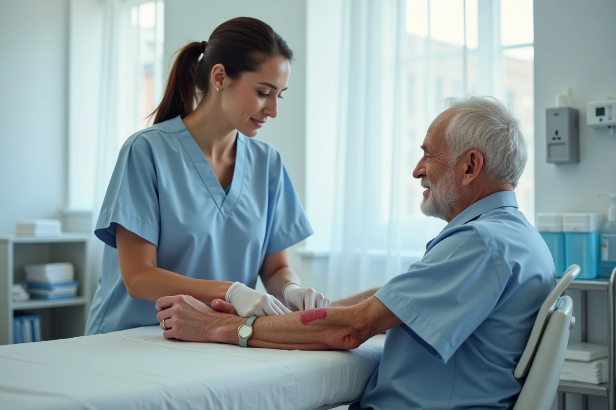 Infirmière réalisant un pansement sur une plaie post-opératoire avec dépôts fibrineux blanchâtres en consultation externe