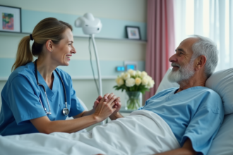 Infirmière en blouse bleue parle avec un patient âgé