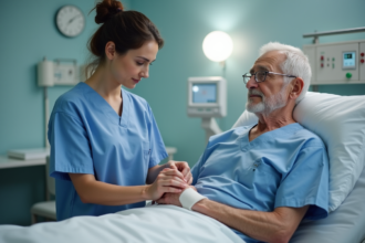 Infirmière soignant elderly bande dans chambre moderne