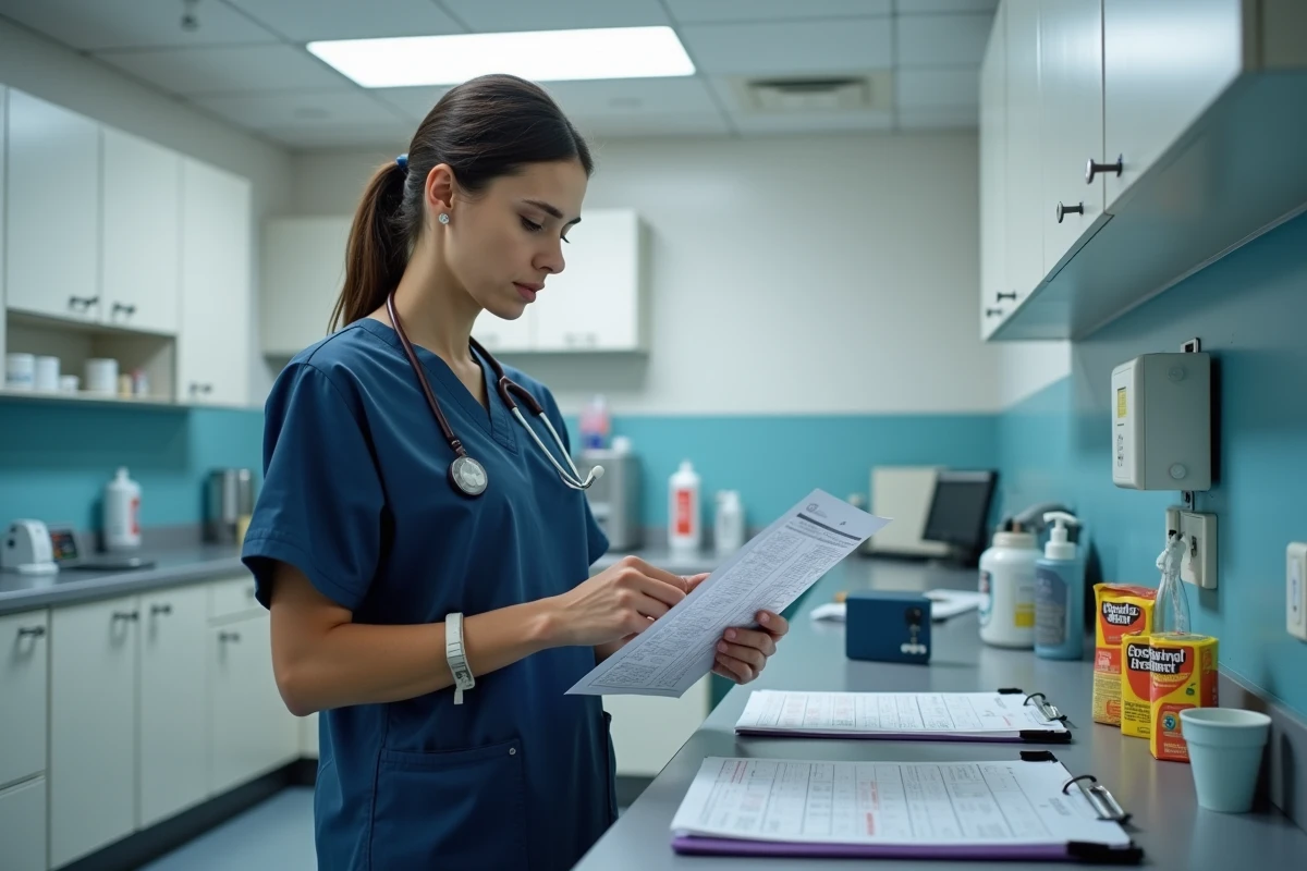 Infirmière aux urgences consultant une fiche de dosage de paracétamol près d'un poste de soins, avec emballages médicaux visibles sur le plan de travail