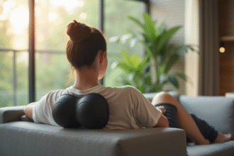 Personne utilisant un masseur dorsal dans un intérieur moderne