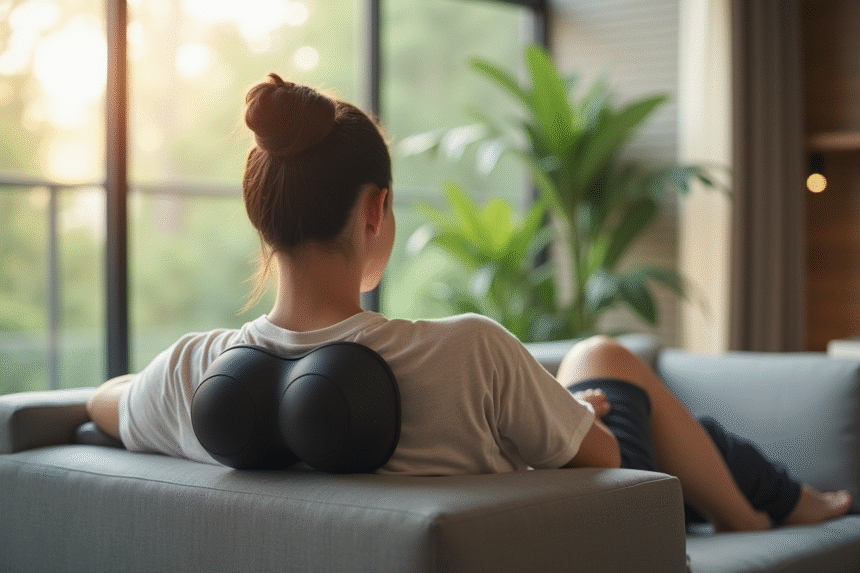 Personne utilisant un masseur dorsal dans un intérieur moderne