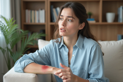 Jeune femme touchant un rash rouge sur le bras