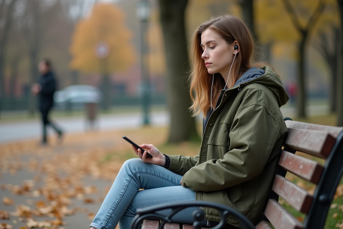 Jeune femme épuisée sur un banc de parc en automne, illustrant la fatigue mentale et l'isolement émotionnel