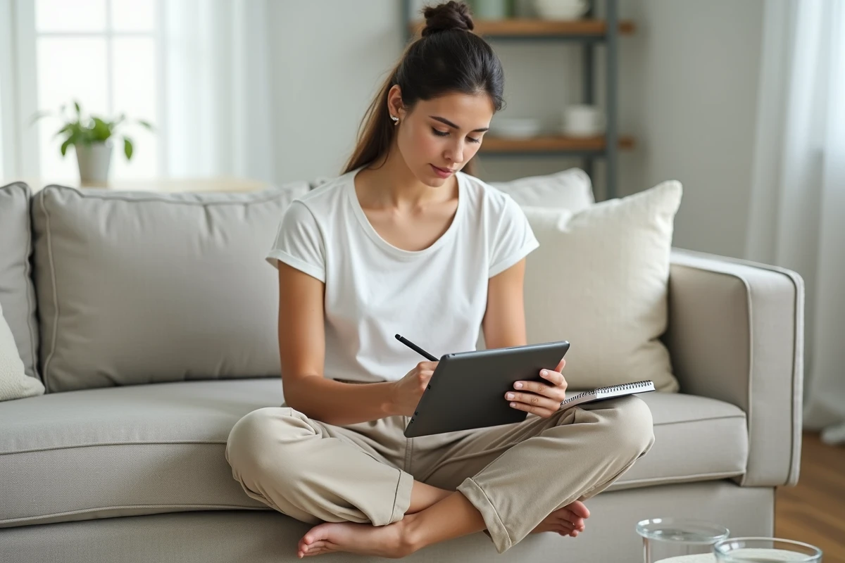 Jeune femme prenant des notes depuis un blog de santé sur tablette pour préparer un rendez-vous médical
