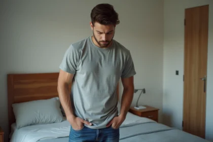 Jeune homme dans un appartement avec expression de malaise