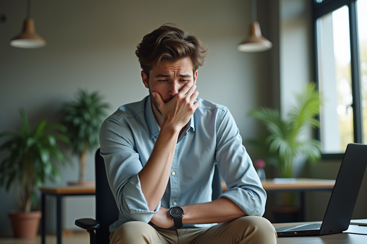 Jeune homme au bureau avec expression de malaise