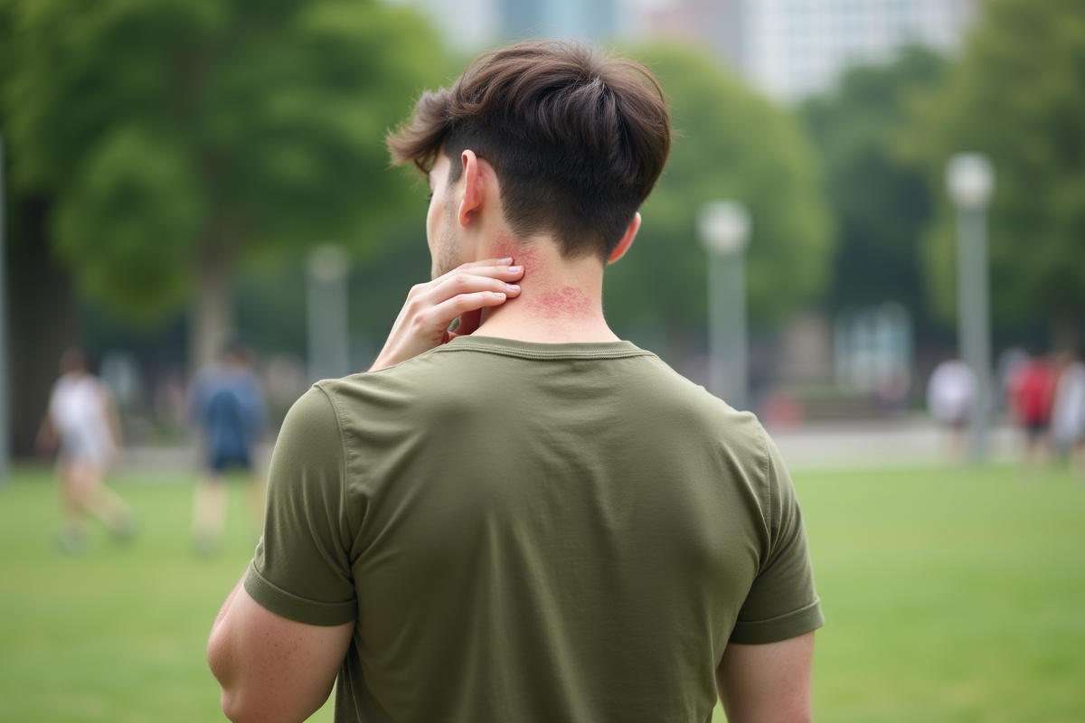 Jeune homme touchant son cou avec des irritations