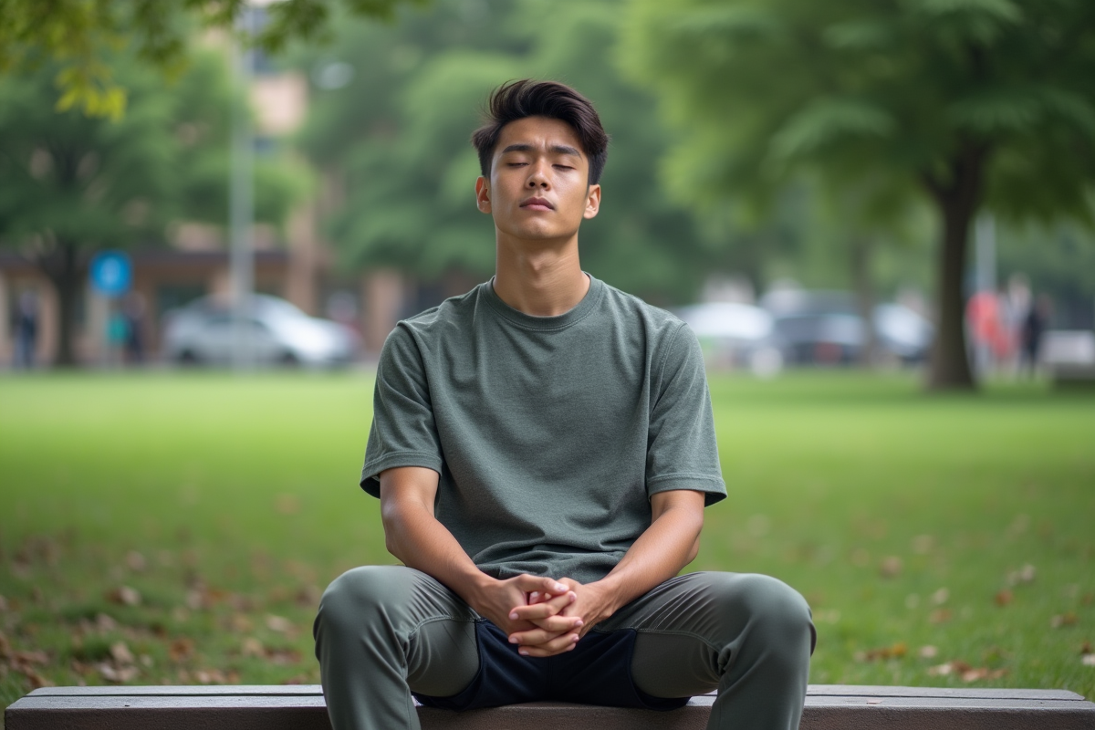 Jeune homme méditant sur un banc dans un parc urbain