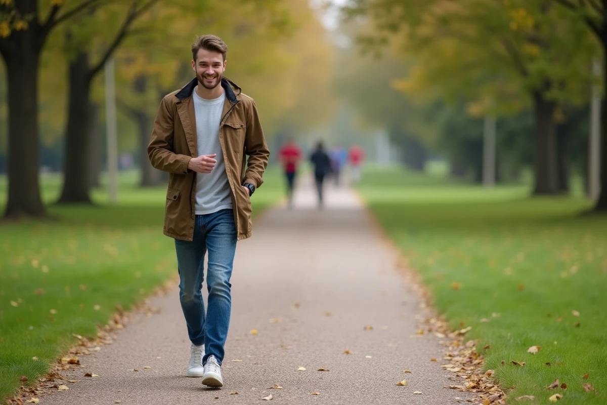 Jeune homme en jeans et coupe-vent marche dans un parc verdoyant