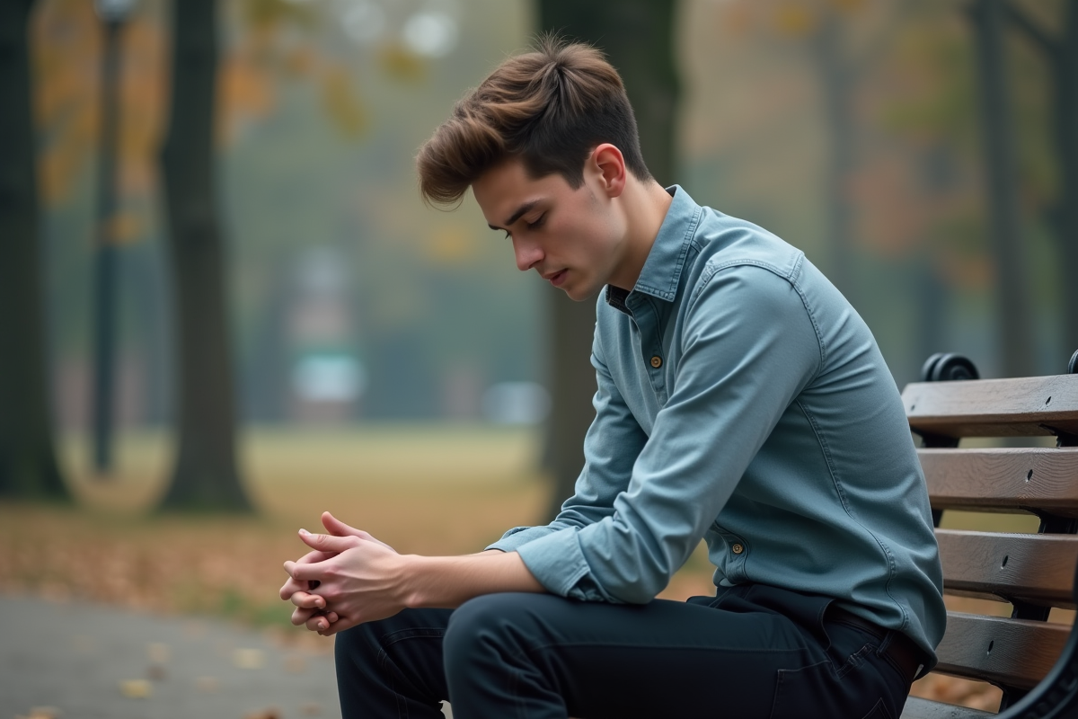 Jeune homme assis sur un banc dans un parc en réflexion