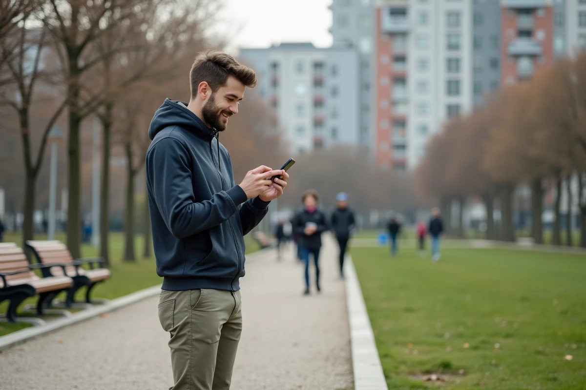 Jeune homme dans un parc urbain utilisant son téléphone