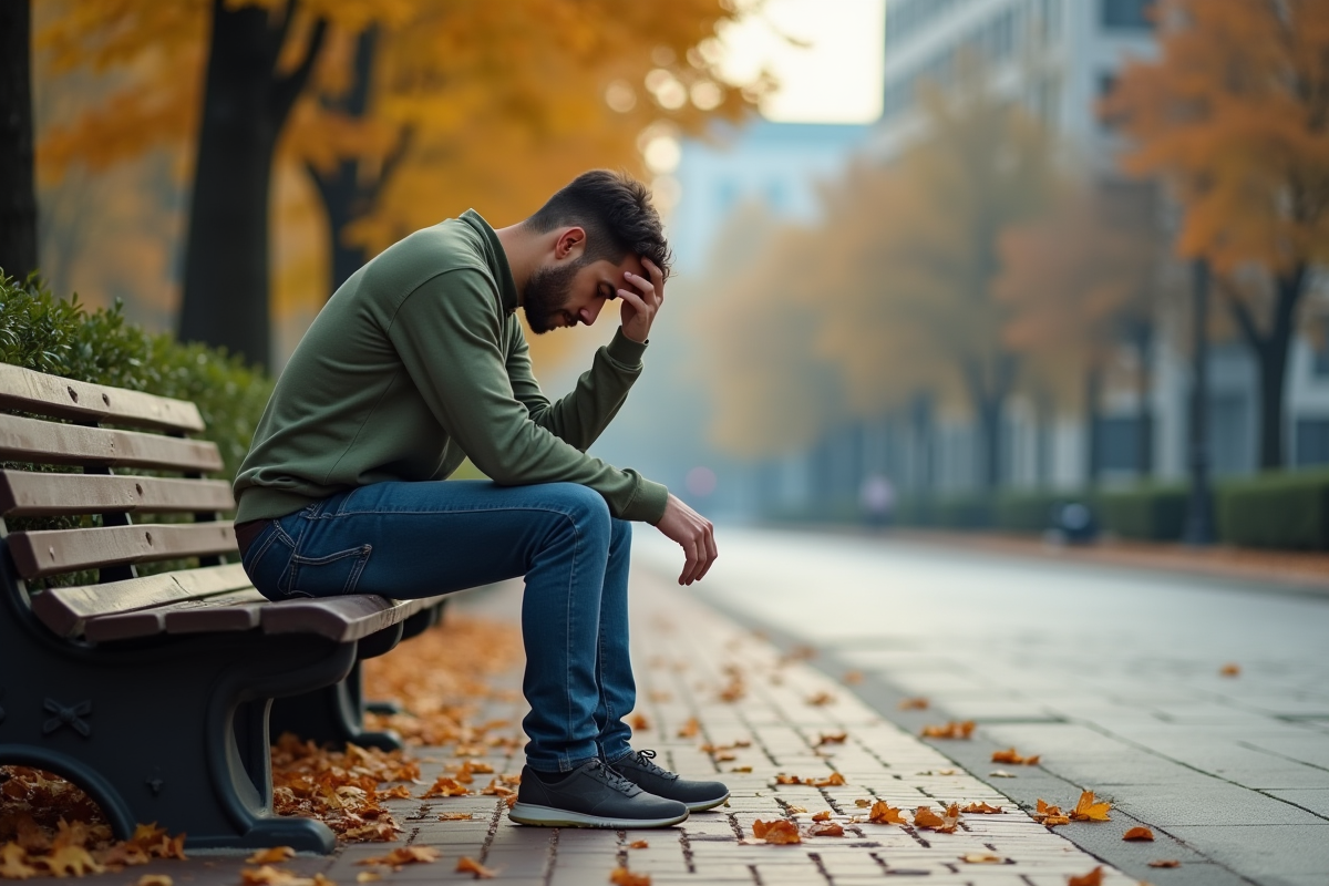 Jeune homme assis seul sur un banc de parc en automne