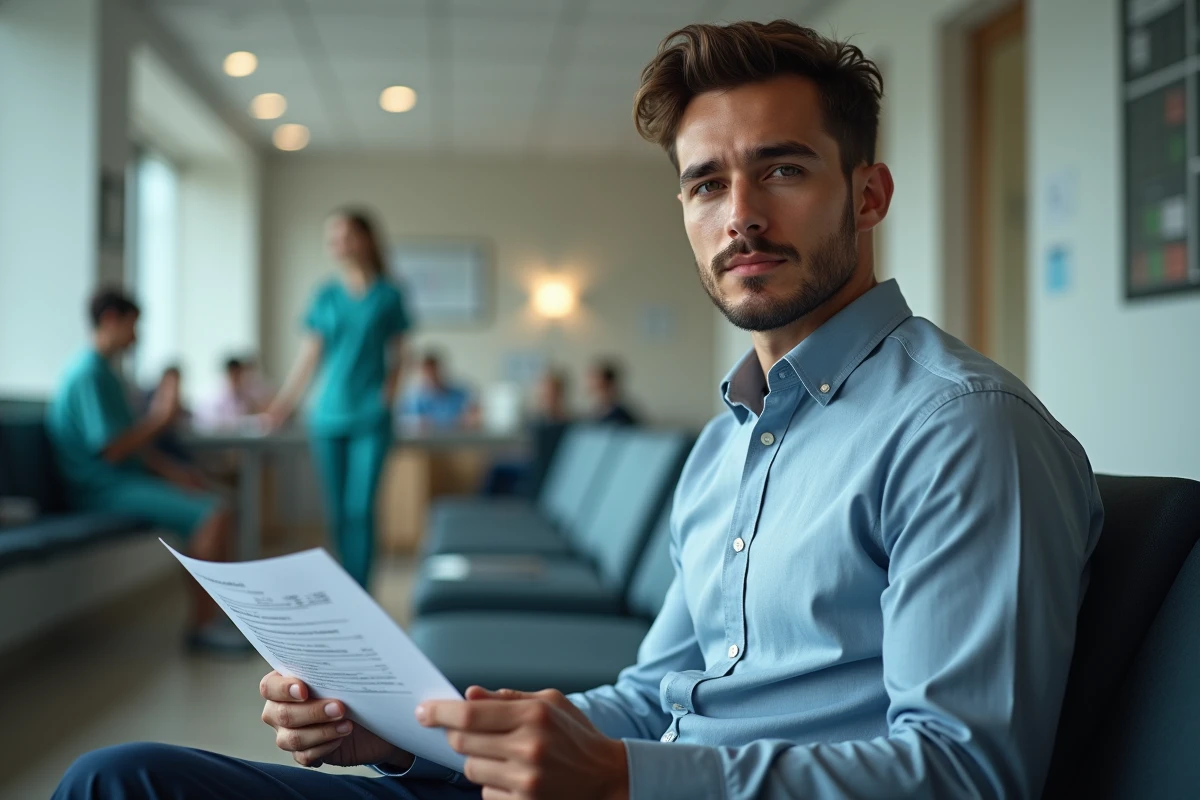 Jeune homme en tenue casual dans salle d attente medicale