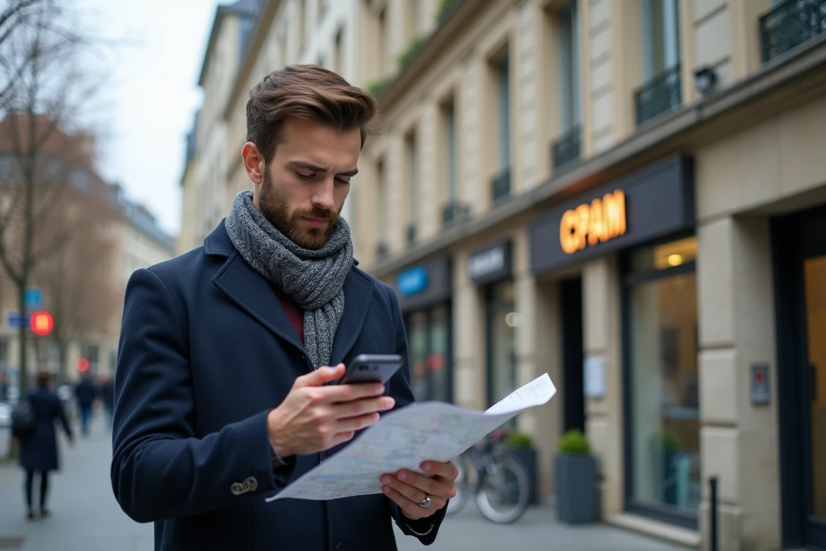 Jeune homme lisant une carte devant un bâtiment administratif