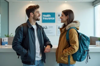 Deux étudiants devant un bureau CPAM moderne accueillant