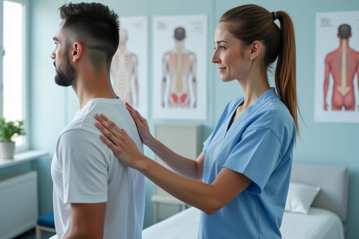 Kinésithérapeute aidant un patient à corriger sa posture dorsale lors d'une consultation