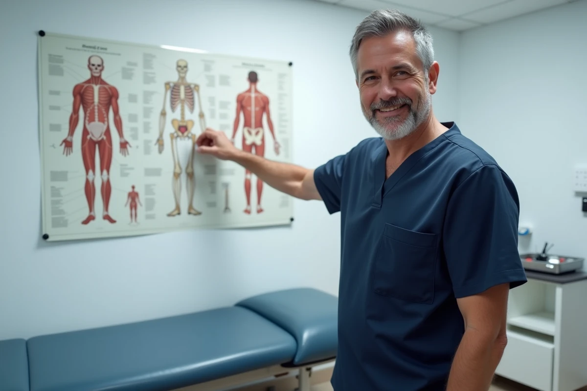 Kinésithérapeute montrant un schéma anatomique sur un poster dans un cabinet médical