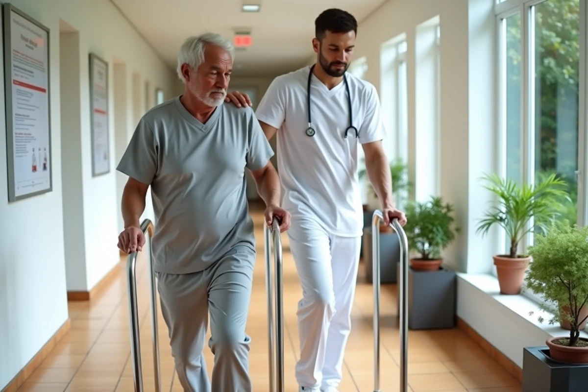 Kinésithérapeute accompagnant un patient âgé lors d'exercices de marche assistée en centre de cure thermale neurologique en France