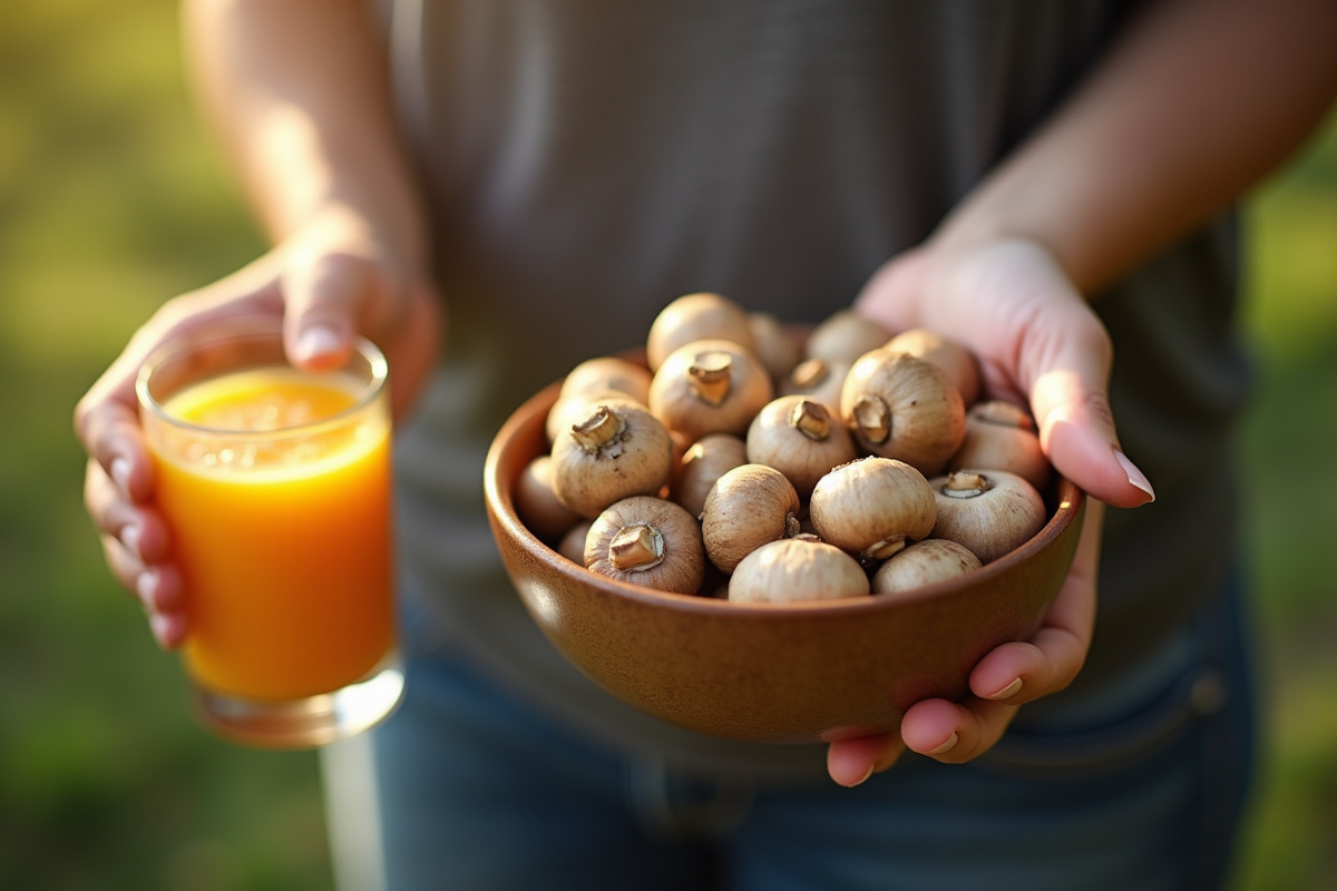 Mains tenant un bol de champignons avec jus d