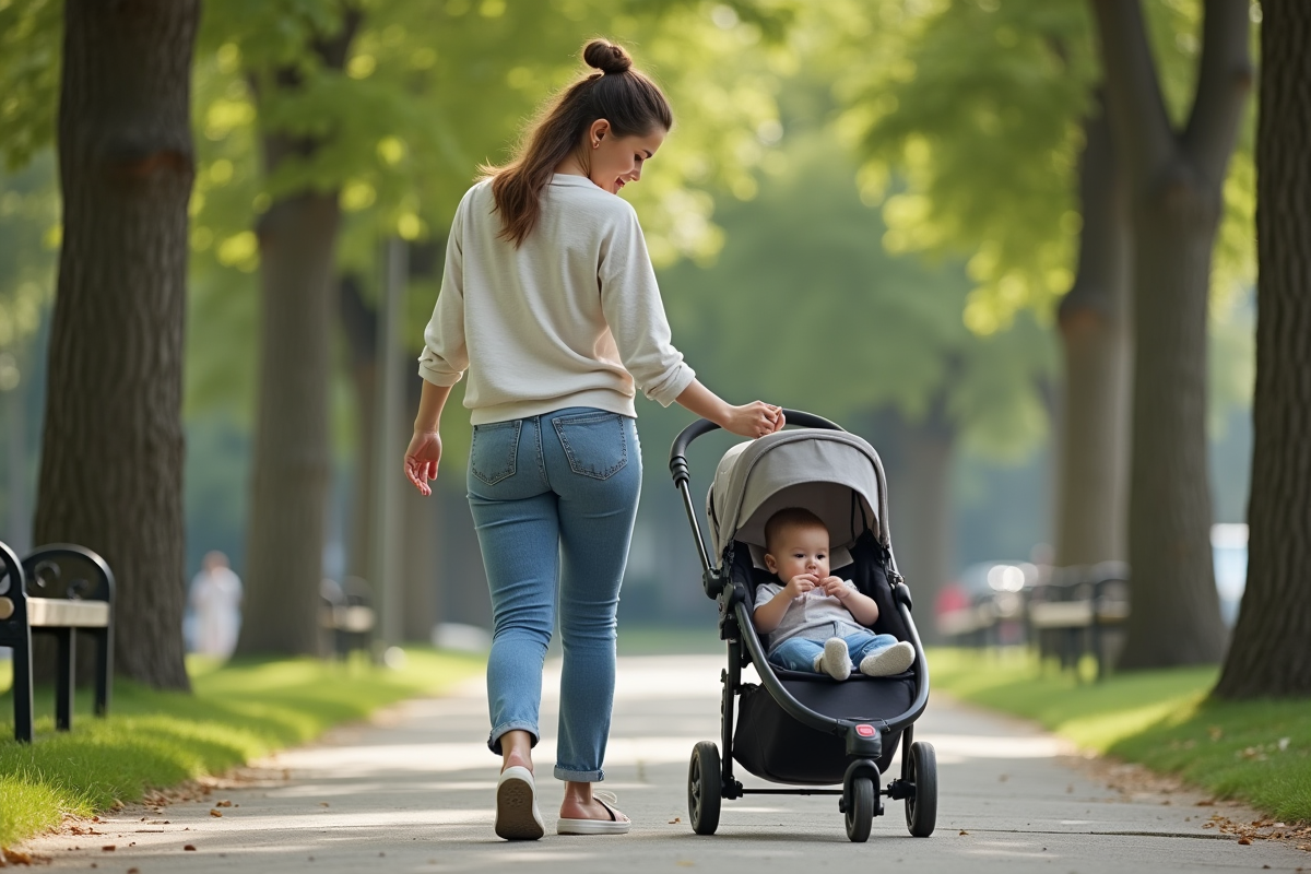 Maman se promenant dans un parc avec son bébé en poussette