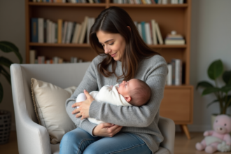 Maman douce berçant son bébé dans un salon chaleureux