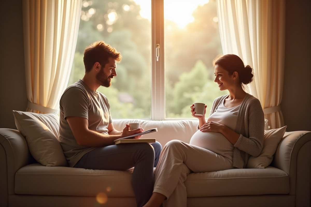 Maman détendue lisant un livre près de la fenêtre en famille