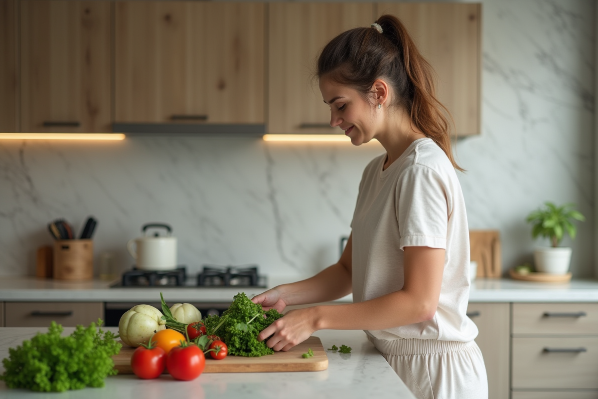 Jeune maman préparant une salade dans une cuisine lumineuse