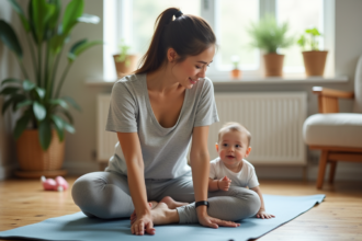 Jeune femme faisant du yoga avec son bébé dans un salon cosy