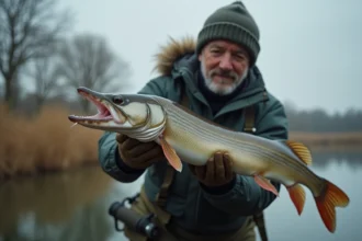 Pêcheur expérimenté tenant un grand brochet avec des gants de protection pour éviter les morsures lors de la manipulation