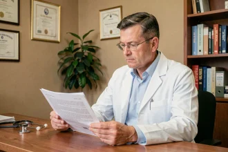 Médecin consultant un avis médical sur un complément alimentaire comme le Glucavit dans son cabinet