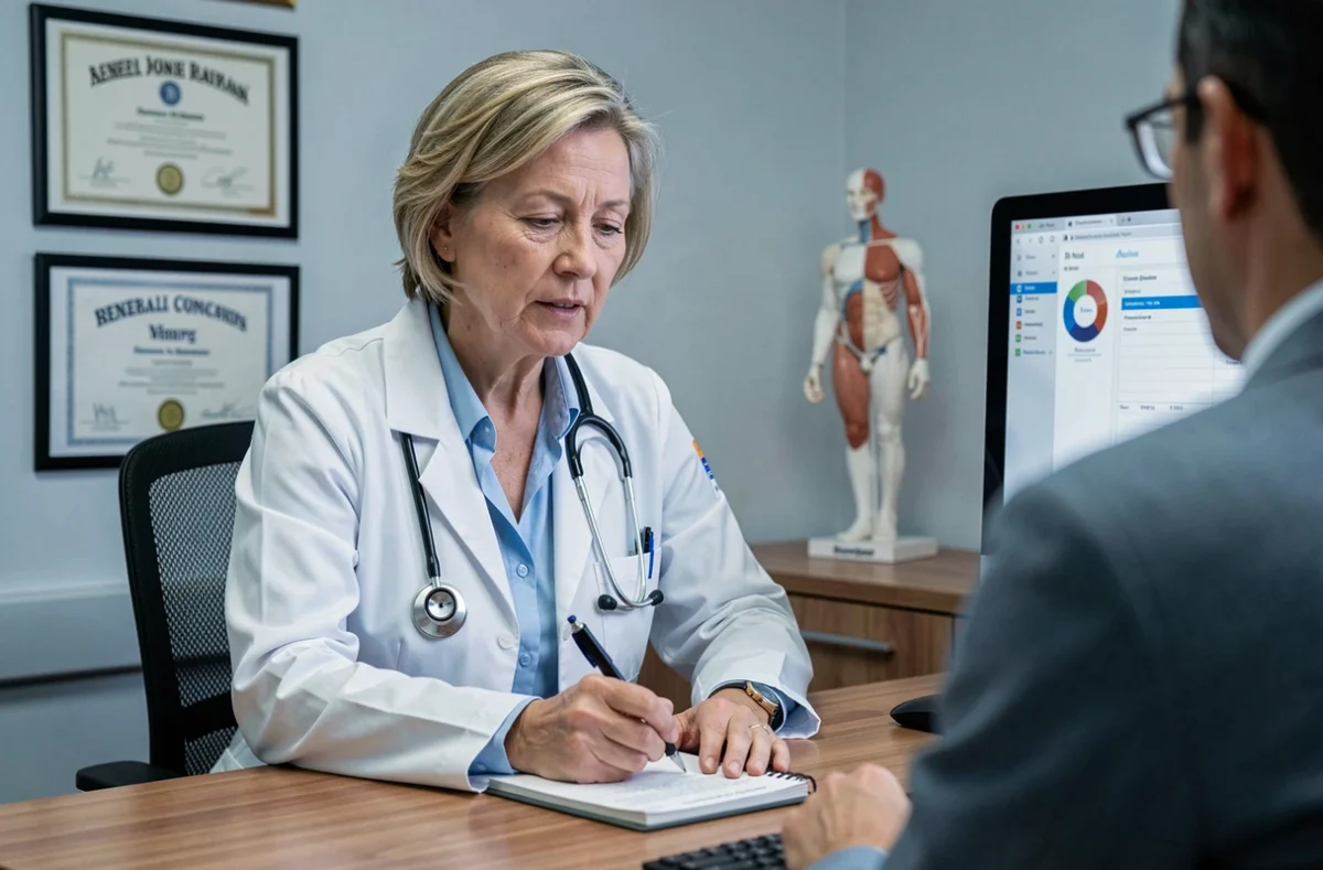 Médecin généraliste en consultation écoutant un patient pour diagnostiquer rhume ou variant Covid 2026