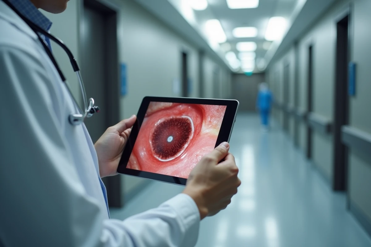 Médecin consultant une image de plaie chirurgicale avec fibrine sur tablette numérique dans un couloir hospitalier