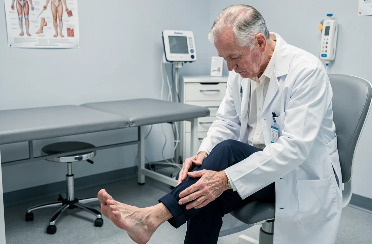 Médecin examinant le pied et la jambe d'un patient âgé lors d'une consultation pour des douleurs de type brûlure liées à la circulation