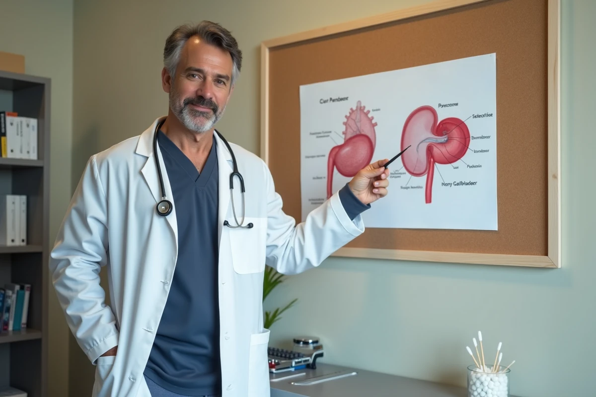 Médecin expliquant la localisation de la douleur pancréatique et la relation avec les calculs biliaires à l'aide d'un schéma anatomique en cabinet médical