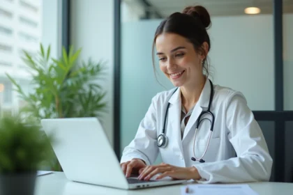 Jeune medecin femme souriante dans une clinique moderne