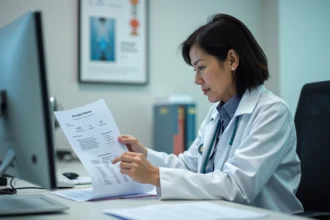 Medecin femme en blouse blanche examine resultats test